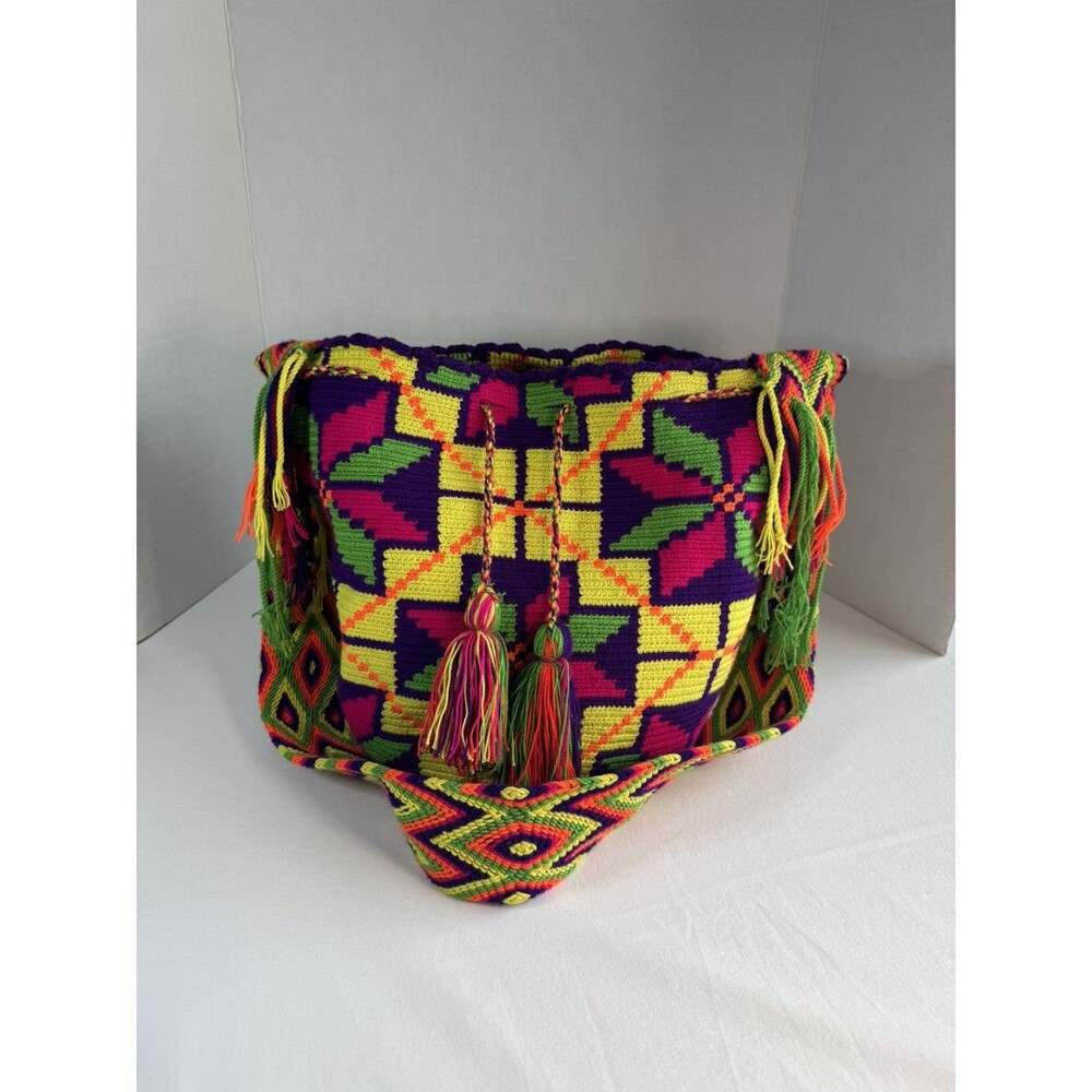 Wayuu Handmade Mochila Bucket Crossbody Bag Drawstring Tassel Multicolor Boho